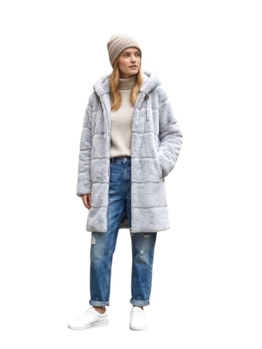QIYE Gray Faux Fur Hooded Teddy Jacket Sz L-XL Luxurious Cozy Chunky Coat